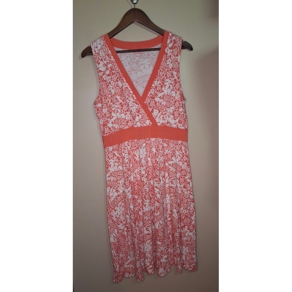 LL Bean Coral Pink White Floral Lace Print V-Neck Sleeveless Knit Dress Large